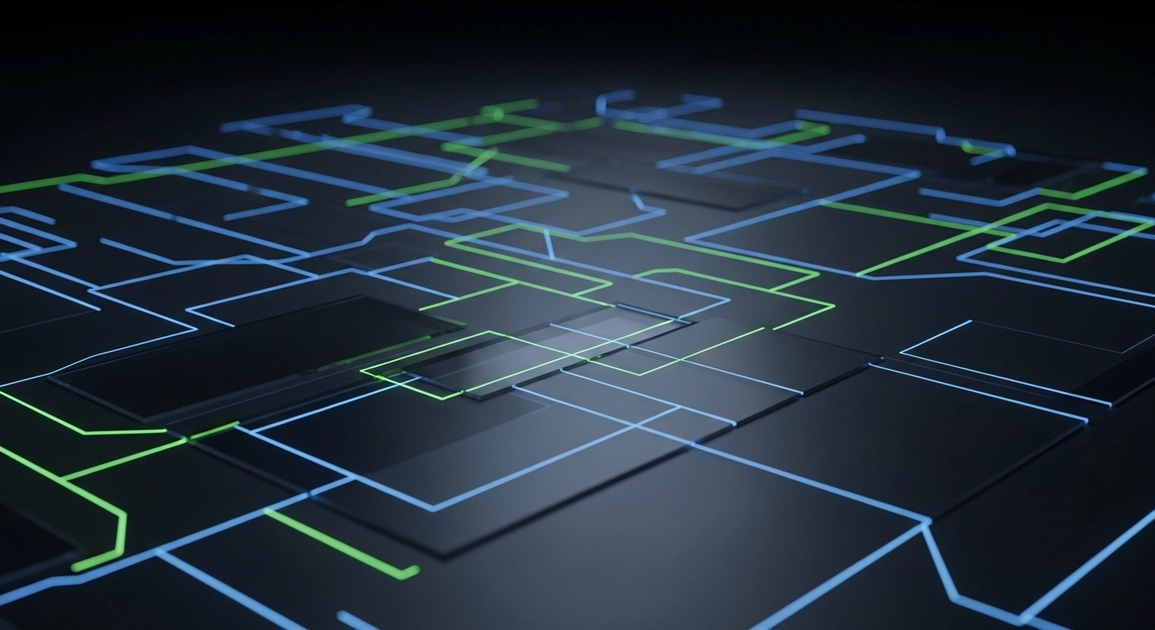 Representasi minimalis antarmuka digital masa depan dengan garis tipis bercahaya di atas latar belakang charcoal gelap, menonjolkan estetika spatial UI dan struktur desain industrial.
